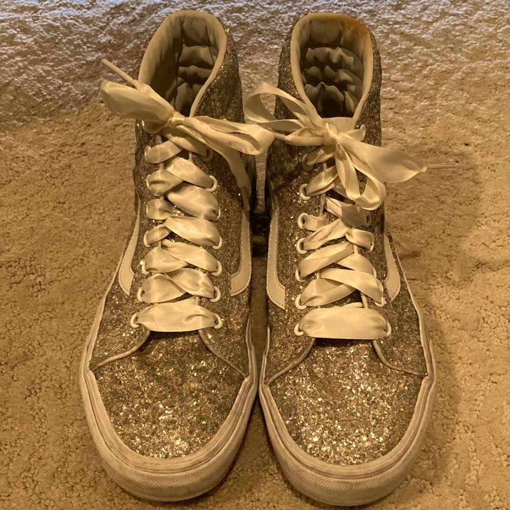 Silver and Gold glitter Vans Off The Wall sneakers. Custom laces by me:)